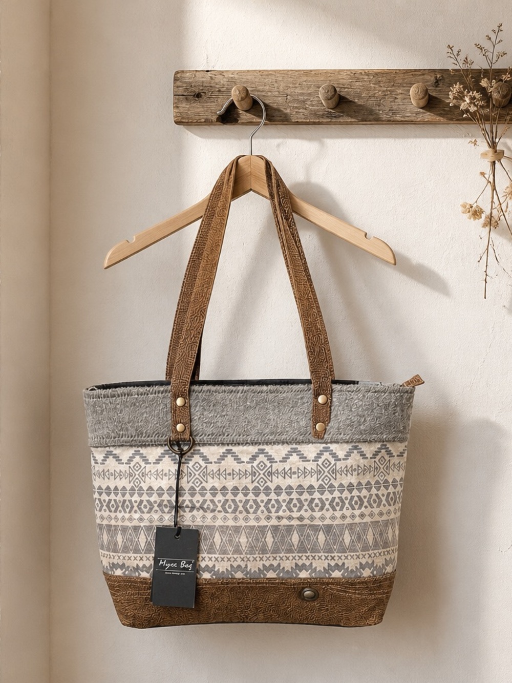 Myra Brown & Gray Patterned Tote Bag with Leather-Style Trim